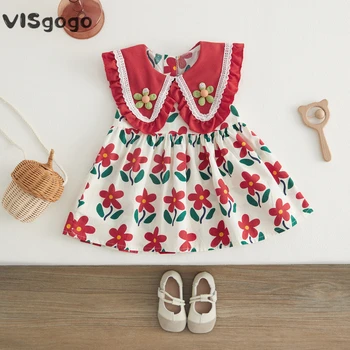 VISgogo תינוק בייבי בנות שמלת נסיכה פרחוני הדפסה Turn-למטה צווארון קפלים תחרה ללא שרוולים שמלת קיץ מתוק שמלה חמודה