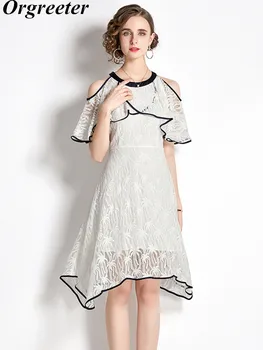 אופנה קיץ חדש לבן שמלת תחרה לנשים 2023 מזדמן O-צוואר סטרפלס קפלים סריג שרוול רקמה סימטרית Vestidos