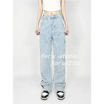 האמריקאי רטרו עבודה הלבוש במכנסי ג ' ינס מיקרו קרן מגב עם מכנסיים aHigh Waisted וסלים רחב הרגל עיצוב