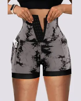 נשים מכנסיים קצרים 2023 אופנה הקיץ לקשור צבע הדפסה הבטן שליטה התחת הסרת כיס עיצוב מזדמן רזה מעל הברך פעיל קצרים.